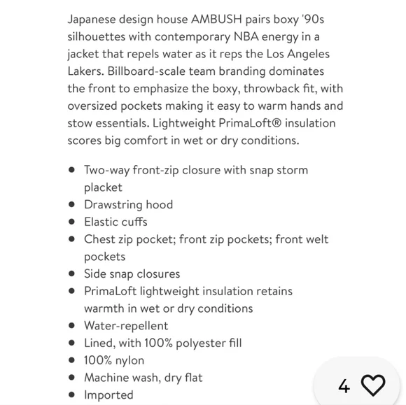 Nike + Ambush Los Angeles Lakers  Water Repellent Coat/Jacket - Picture 15 of 15